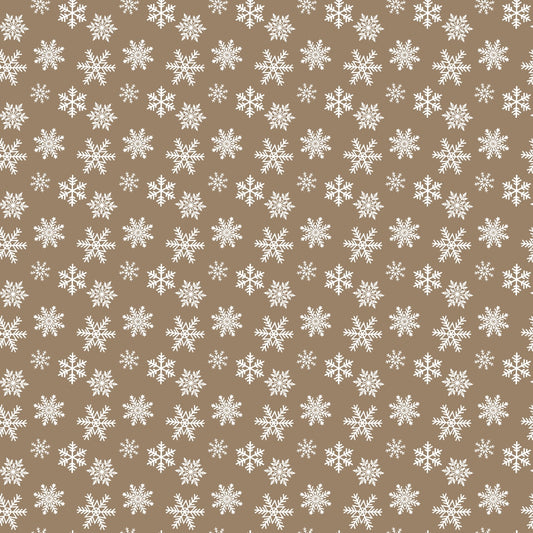 Pattern of white snowflakes on a light brown background.