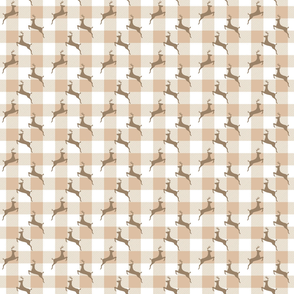 Pattern of jumping deer silhouettes on a beige and white checkered background.