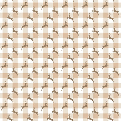 Pattern of jumping deer silhouettes on a beige and white checkered background.