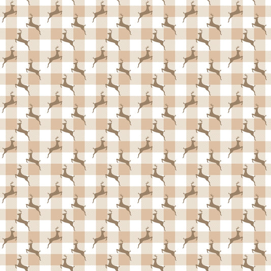 Pattern of jumping deer silhouettes on a beige and white checkered background.