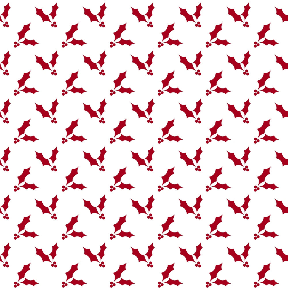 Red holly leaves and berries pattern on a white background, arranged in a diagonal repeating design.