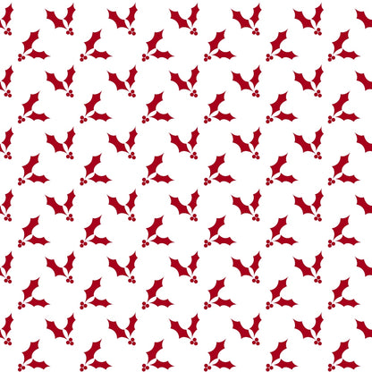 Red holly leaves and berries pattern on a white background, arranged in a diagonal repeating design.