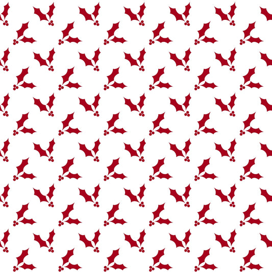 Red holly leaves and berries pattern on a white background, arranged in a diagonal repeating design.