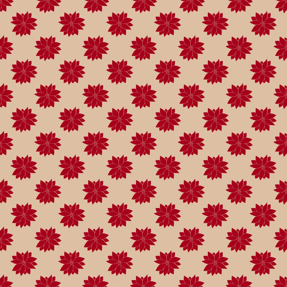 Pattern of red floral shapes evenly spaced on a beige background.