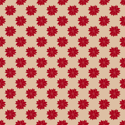 Pattern of red floral shapes evenly spaced on a beige background.