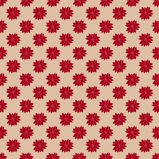 Pattern of red floral shapes evenly spaced on a beige background.