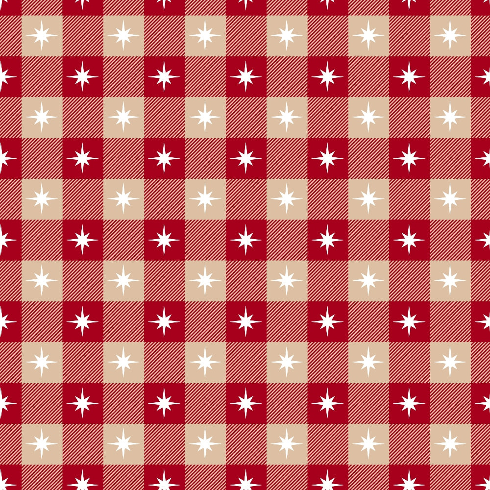 Red and beige checkered pattern with white star designs in each square.