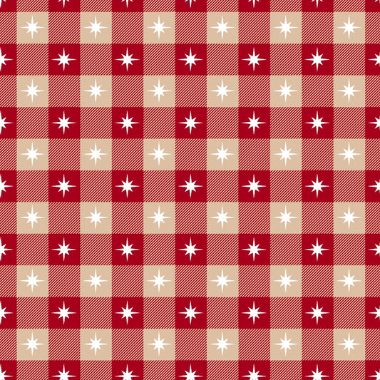 Red and beige checkered pattern with white star designs in each square.