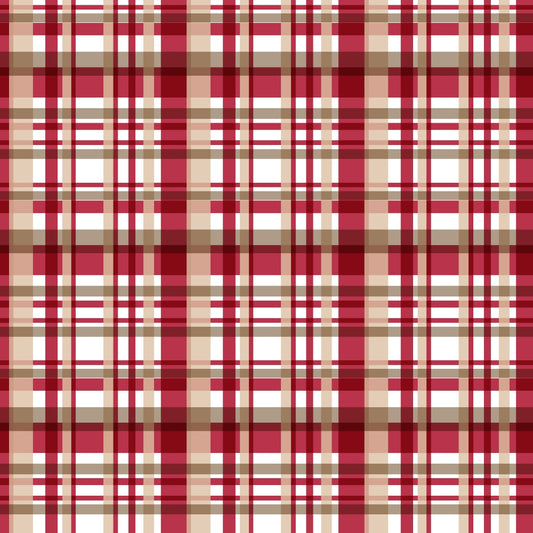 Red, white, and beige plaid pattern with intersecting horizontal and vertical lines.