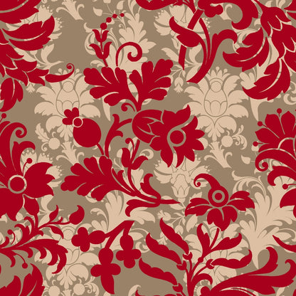 Red and beige floral damask pattern with large, ornate flowers and leaves on a contrasting background.