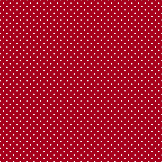 Red background with a pattern of evenly spaced small white polka dots.