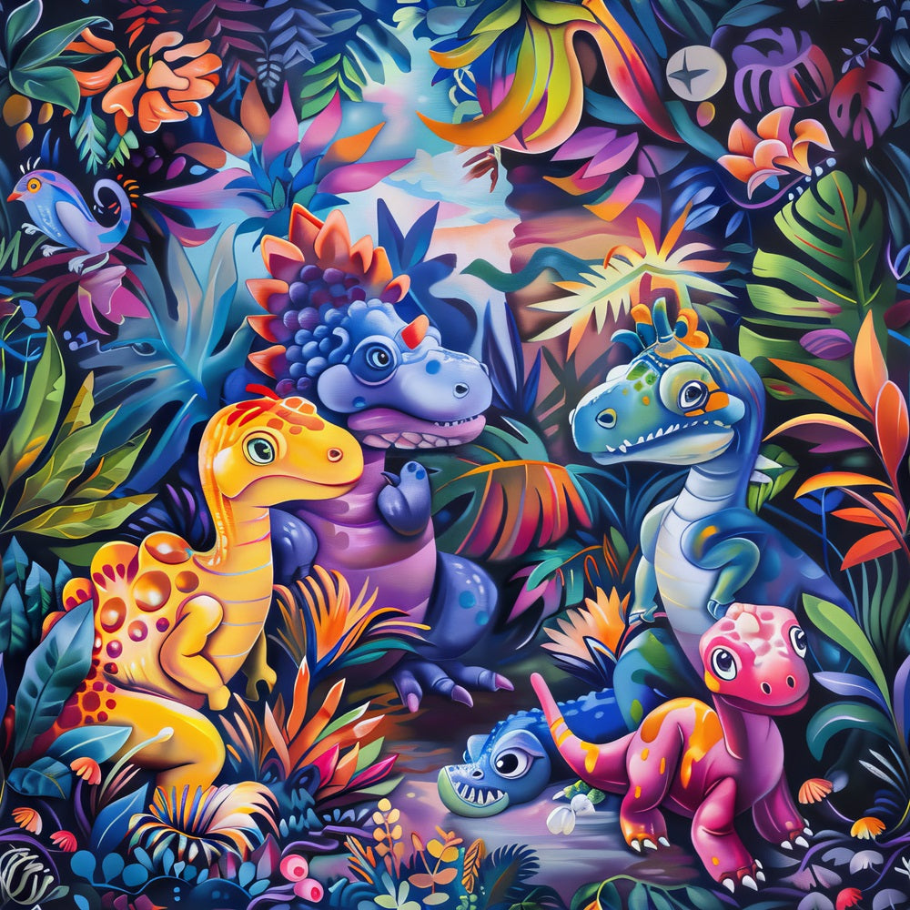 Colorful illustration of cartoon dinosaurs in a vibrant jungle with lush plants and flowers.