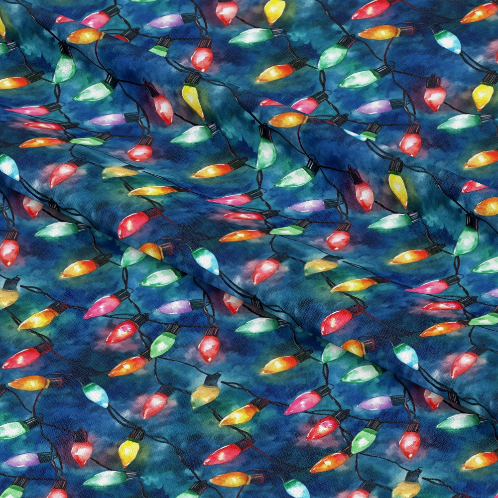 - Watercolor Christmas Lights Pattern 8 Quilting Cotton Fabric  
- Christmas lights  
- Multicolor bulbs  
- Red, yellow, green, blue, purple  
- Quilting  
- Cotton textile  
- Holiday theme  
- Festive design  
- Decorative fabric  
- Textile for crafts