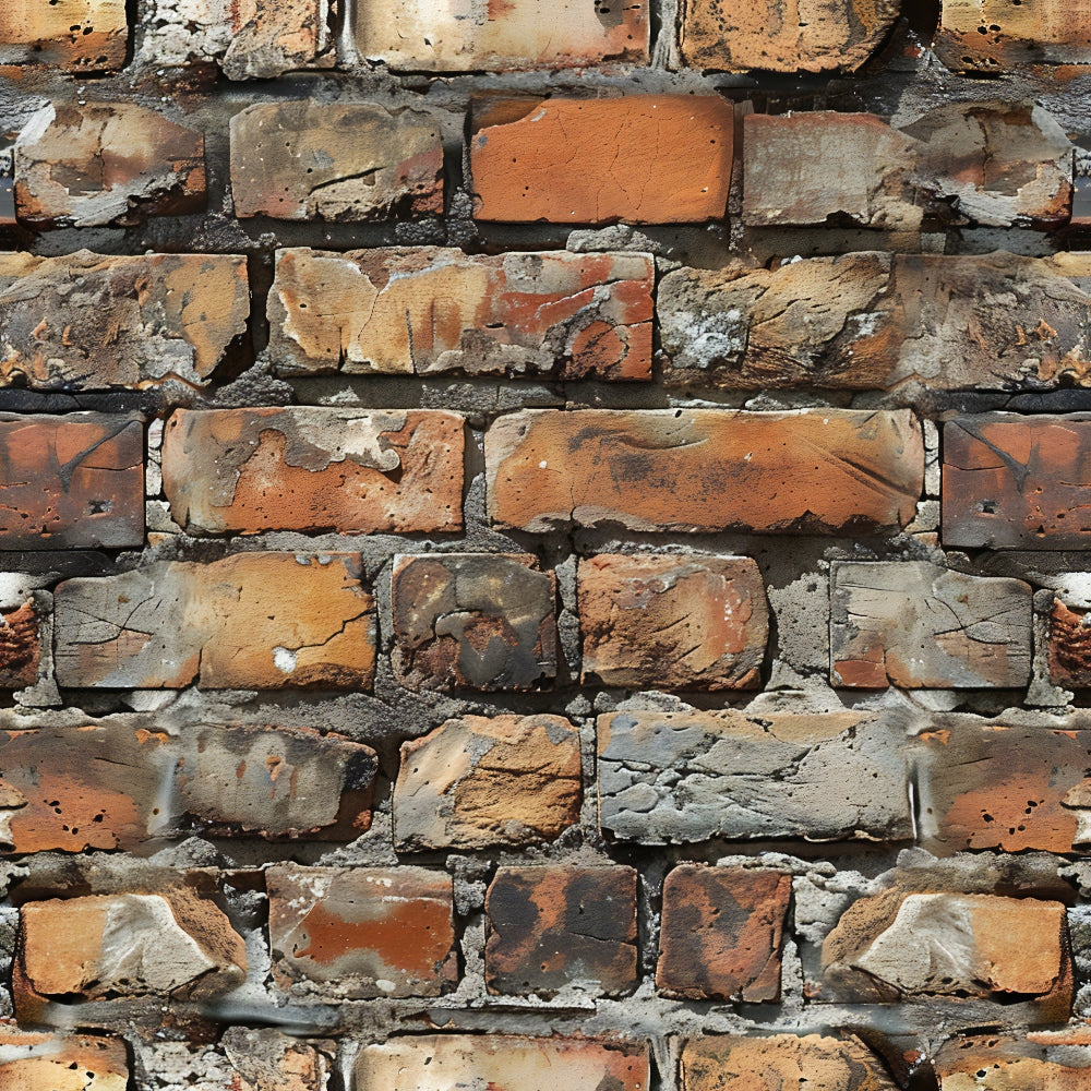 Close-up of a weathered brick wall, showing a variety of red, brown, and gray bricks with visible cracks and signs of aging.