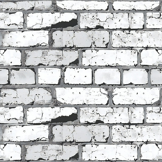 White painted brick wall with chipped paint, revealing gray beneath. The bricks are uniformly arranged in a horizontal pattern.