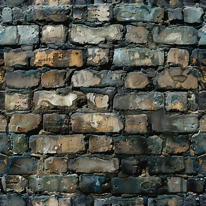 Close-up of an old, textured brick wall with worn, multicolored bricks in shades of brown, gray, and orange, showing signs of weathering and age.