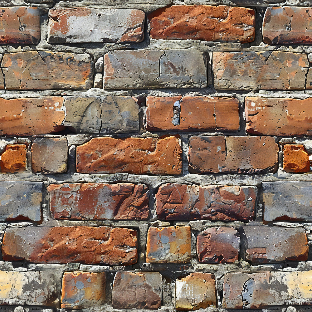 Close-up of a weathered brick wall with a mix of red, brown, and gray bricks, showing signs of wear and aging.