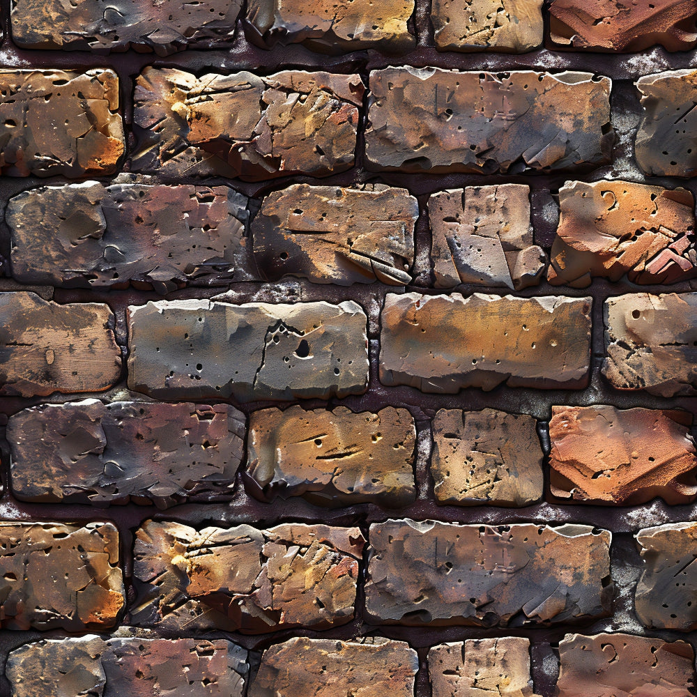 A close-up view of a textured, multicolored brick wall with rough, uneven surfaces, showcasing shades of brown, orange, and gray.