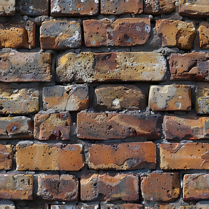 Close-up of an old brick wall with irregularly shaped, weathered bricks in shades of brown and gray, showing signs of wear and age.