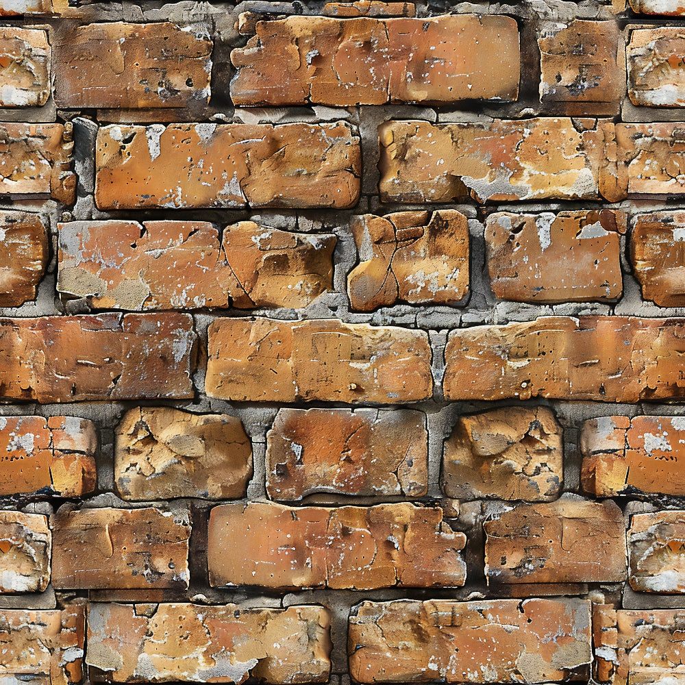 A close-up view of an old, weathered brick wall with chipped bricks and visible mortar.