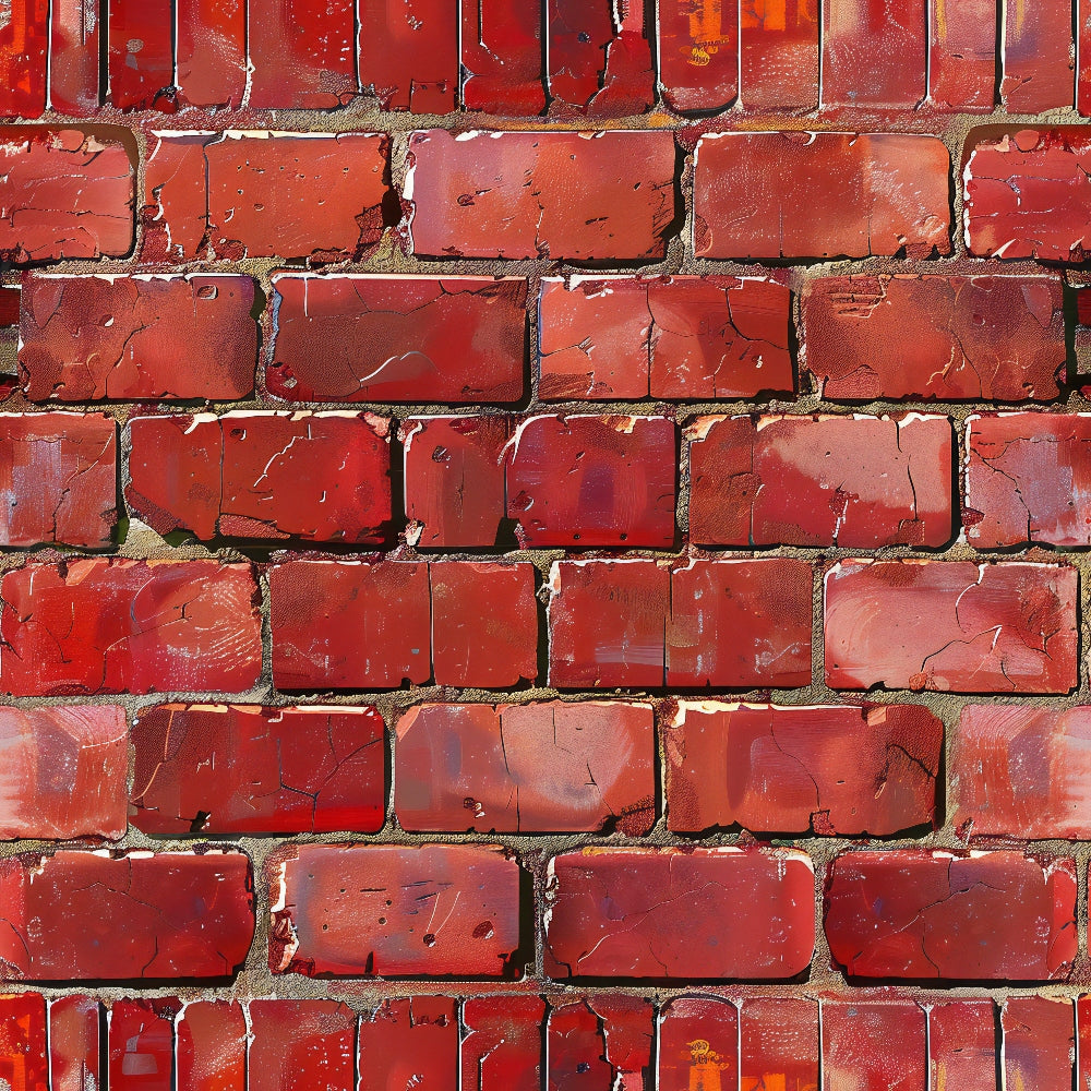 A close-up of a weathered red brick wall with chipped paint and uneven mortar.