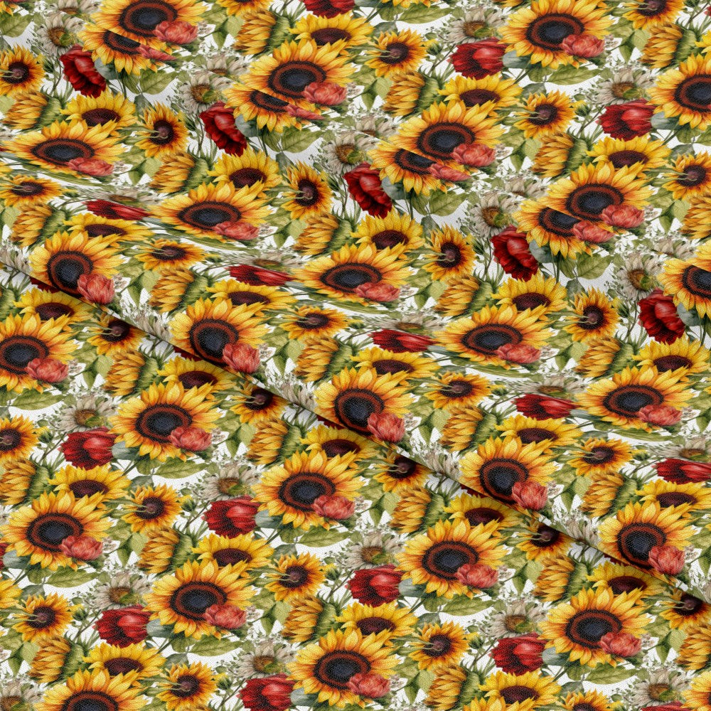 - Sunflower and Butterfly Pattern 25 Quilting Cotton Fabric  
- Yellow sunflowers  
- Red butterflies  
- Green leaves  
- White background  
- Floral fabric  
- Nature-inspired design  
- Cotton textile  
- Quilting material  
- Bright colors  
- Decorative fabric