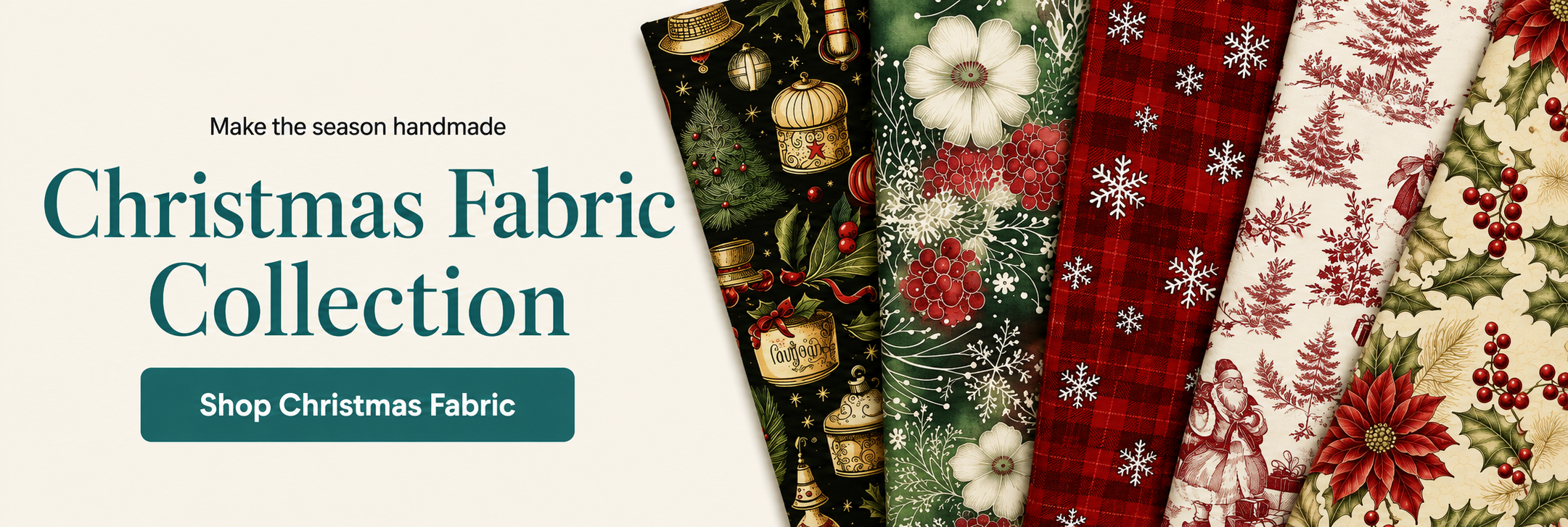 Make the season handmade. Christmas Fabric Collection with five festive FMS fabric prints in red, green, gold, and cream. Shop Christmas Fabric.
