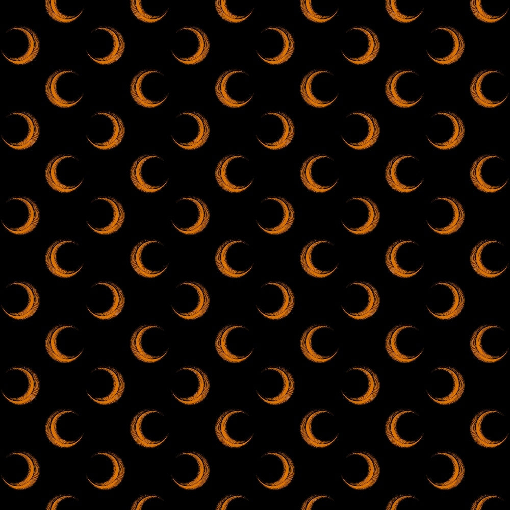 Pattern of repetitive orange crescent moons on a black background.