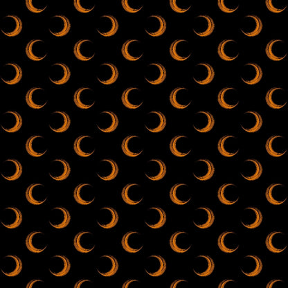 Pattern of repetitive orange crescent moons on a black background.