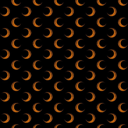 Pattern of repetitive orange crescent moons on a black background.