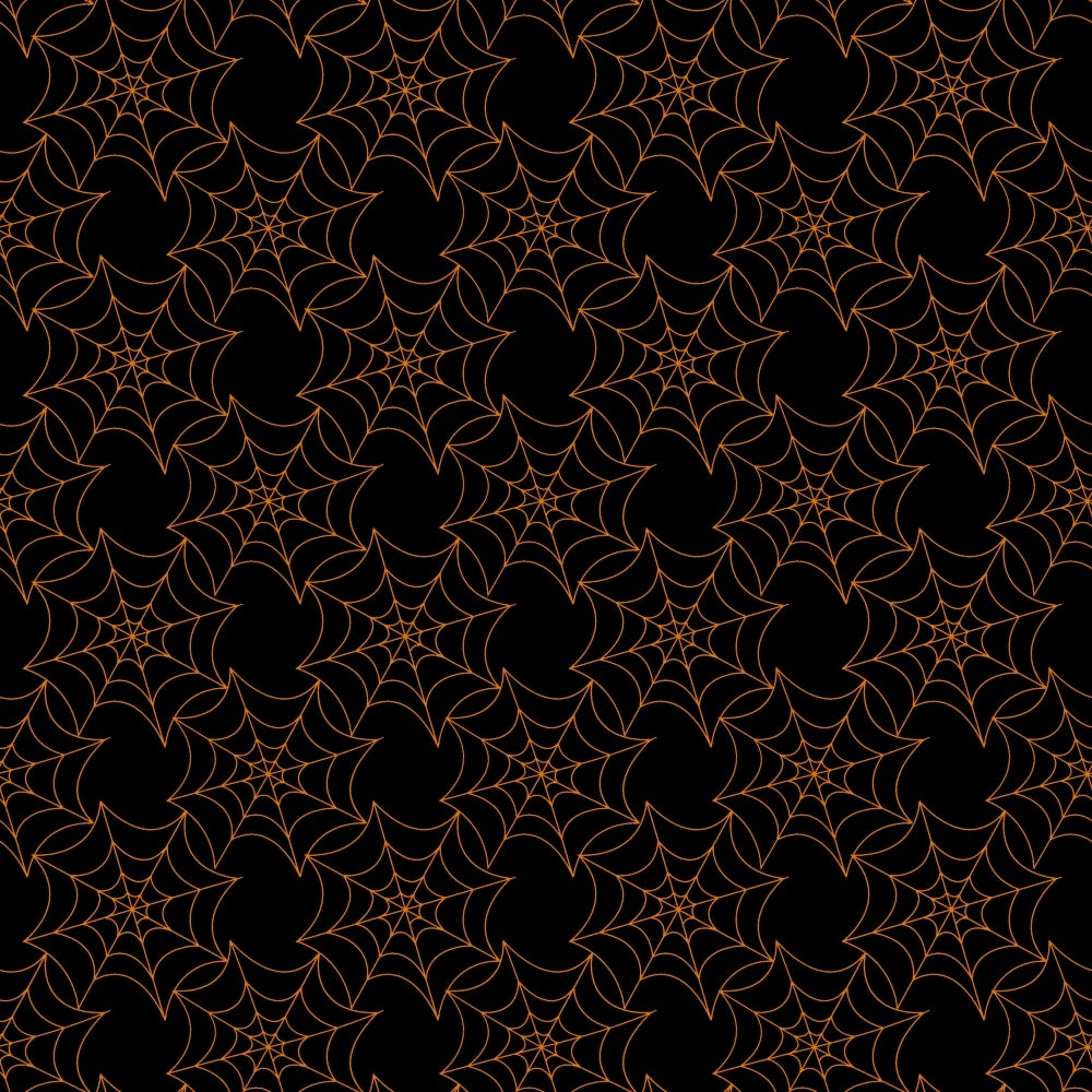 Repeating pattern of orange spider webs on a black background.