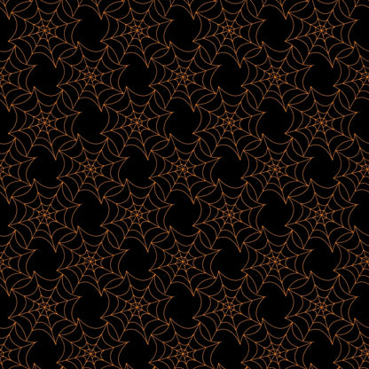 Repeating pattern of orange spider webs on a black background.