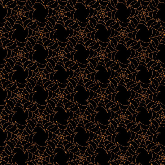 Repeating pattern of orange spider webs on a black background.