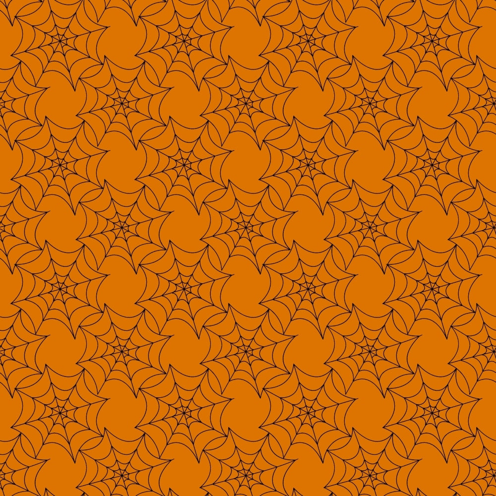 Orange background with a seamless pattern of black spider webs.