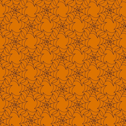 Orange background with a seamless pattern of black spider webs.