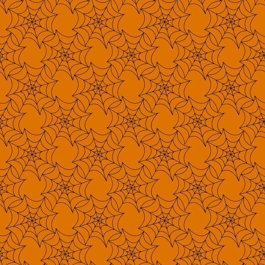 Orange background with a seamless pattern of black spider webs.