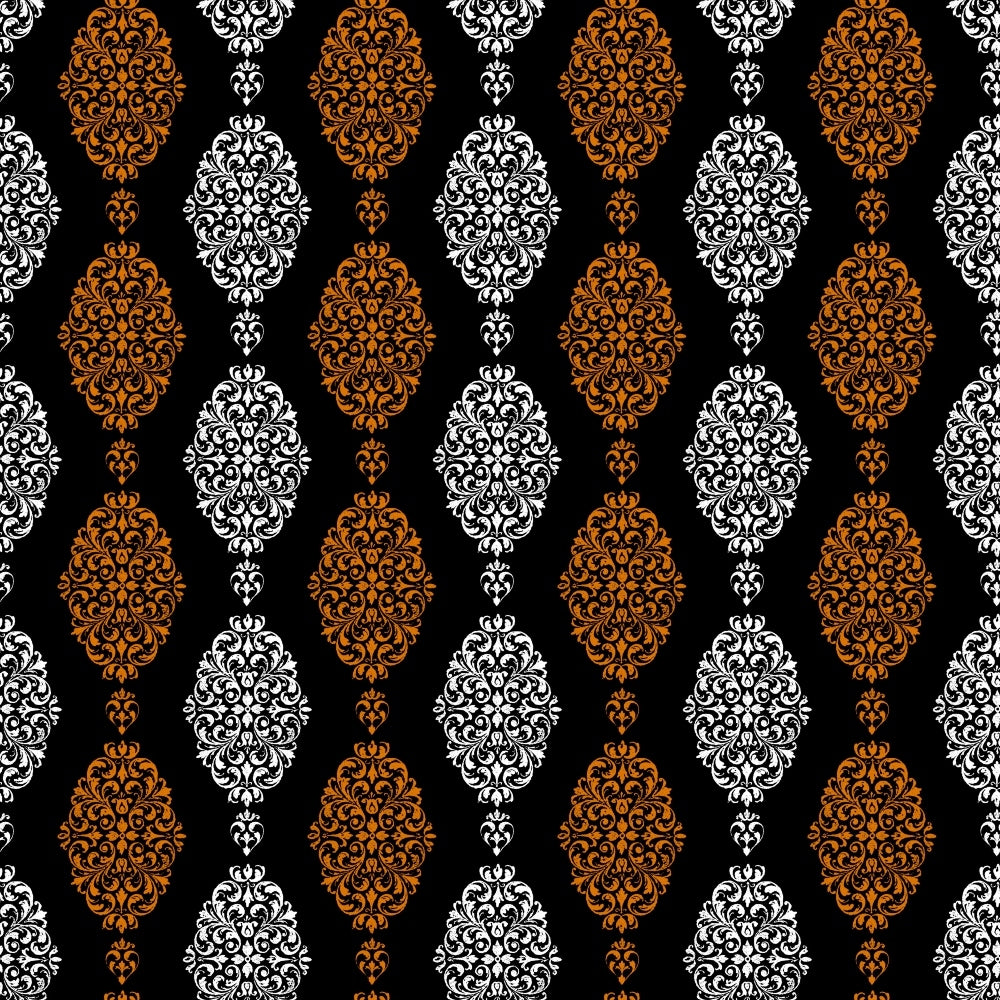 Ornate pattern with alternating white and orange floral motifs on a black background, arranged in vertical rows.