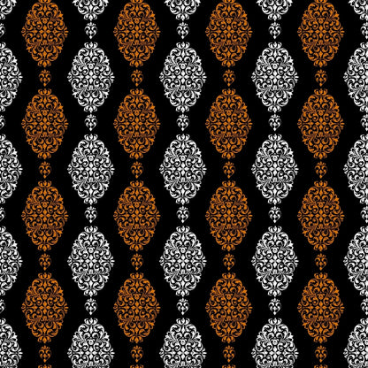 Ornate pattern with alternating white and orange floral motifs on a black background, arranged in vertical rows.