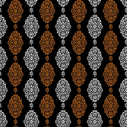 Ornate pattern with alternating white and orange floral motifs on a black background, arranged in vertical rows.