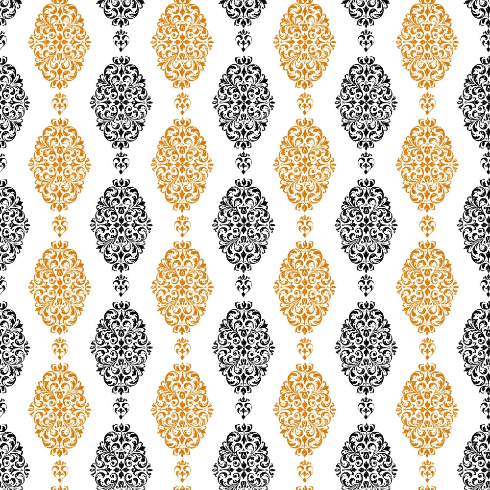 Ornate gold and black damask pattern with alternating vertical rows on a white background.