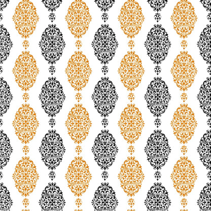 Ornate gold and black damask pattern with alternating vertical rows on a white background.