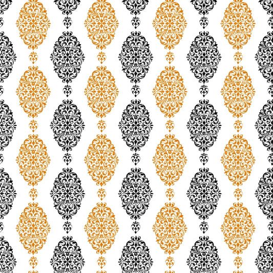 Ornate gold and black damask pattern with alternating vertical rows on a white background.