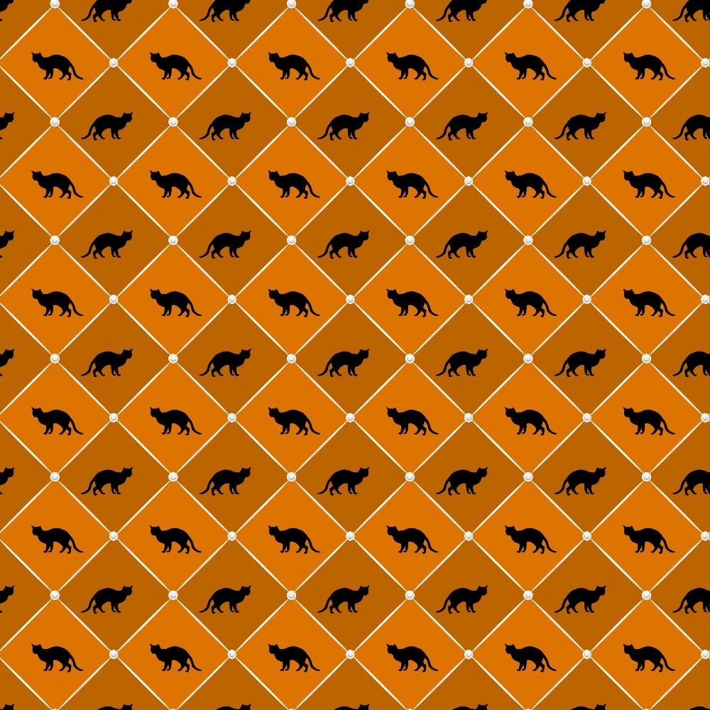 Geometric pattern of black cat silhouettes on orange diamond shapes, each intersected by small circles.