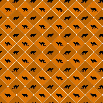 Geometric pattern of black cat silhouettes on orange diamond shapes, each intersected by small circles.