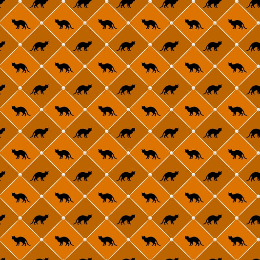 Geometric pattern of black cat silhouettes on orange diamond shapes, each intersected by small circles.