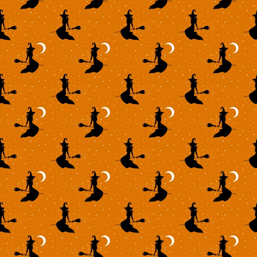 Seamless pattern of black witch silhouettes on brooms with crescent moons, set against an orange background with scattered white dots.