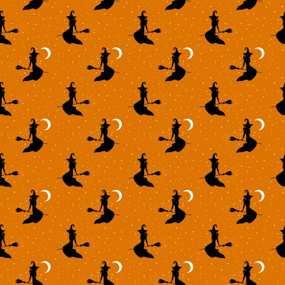 Seamless pattern of black witch silhouettes on brooms with crescent moons, set against an orange background with scattered white dots.