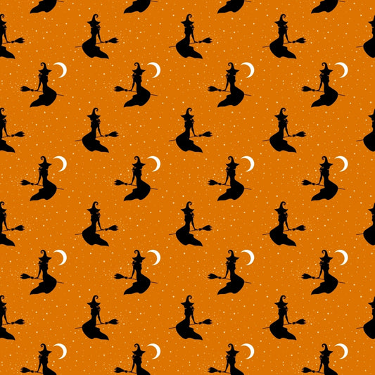 Seamless pattern of black witch silhouettes on brooms with crescent moons, set against an orange background with scattered white dots.