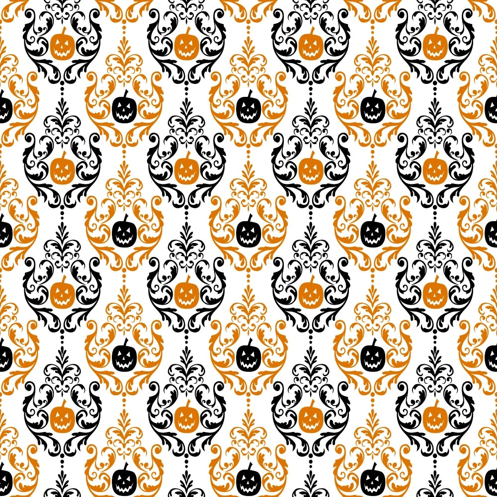 A repeating pattern of ornate black floral designs with orange Halloween pumpkins featuring carved faces, set against a white background.