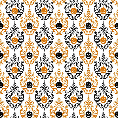 A repeating pattern of ornate black floral designs with orange Halloween pumpkins featuring carved faces, set against a white background.